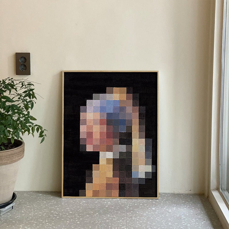 Girl with A Pearl Earring Canvas Painting, Abstract Mosaic Oil Painting, Original Canvas Wall Art