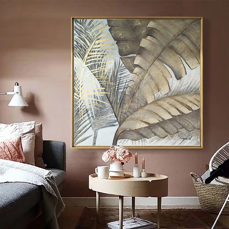 Original Abstract Leaves Wall Art, Large Gold Leaves Oil Painting on Canvas, Modern Abstract Acrylic Wall Decor for Bedroom