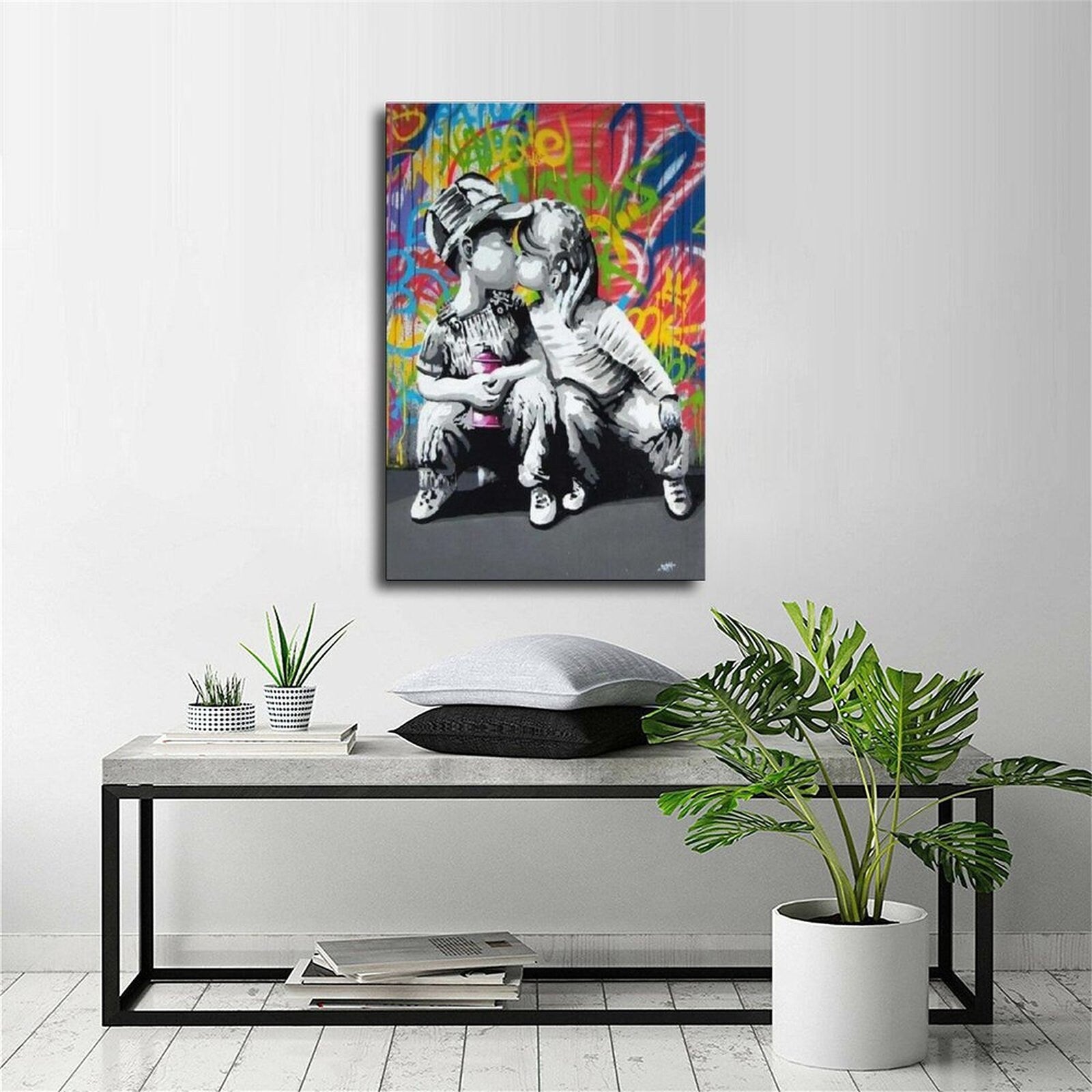 Kids Kissing Banksy Art Painting, Hand Painted Canvas Painting, Street Art, Banksy Graffiti Wall Art, Urban Graphiti Wall Art