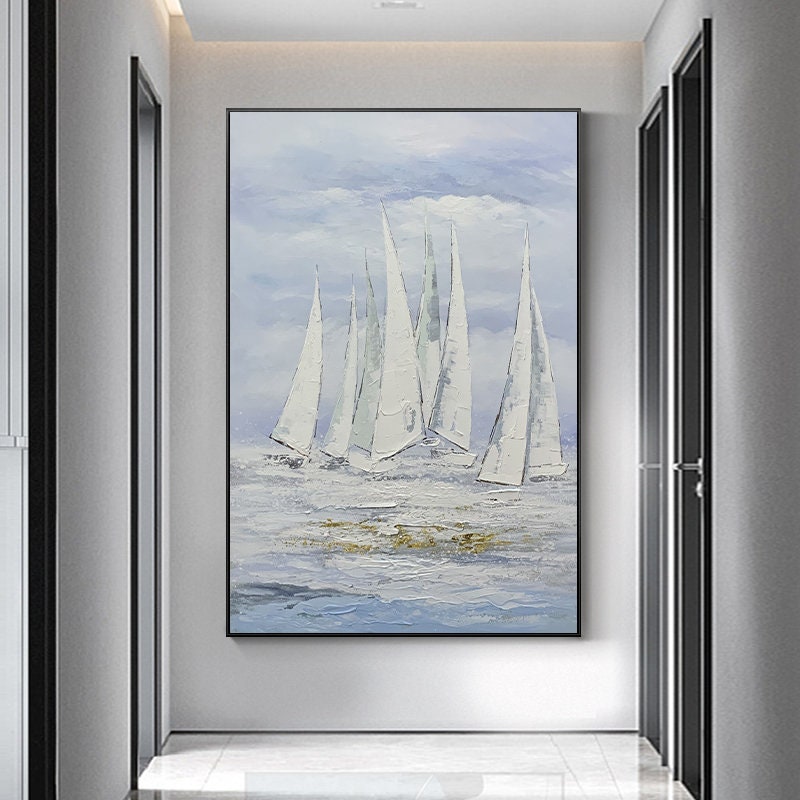 Original Sailboat Oil Painting, Abstract Painting of Sailboat, Nautical Oil Painting Art on Canvas, Canvas Wall Painting