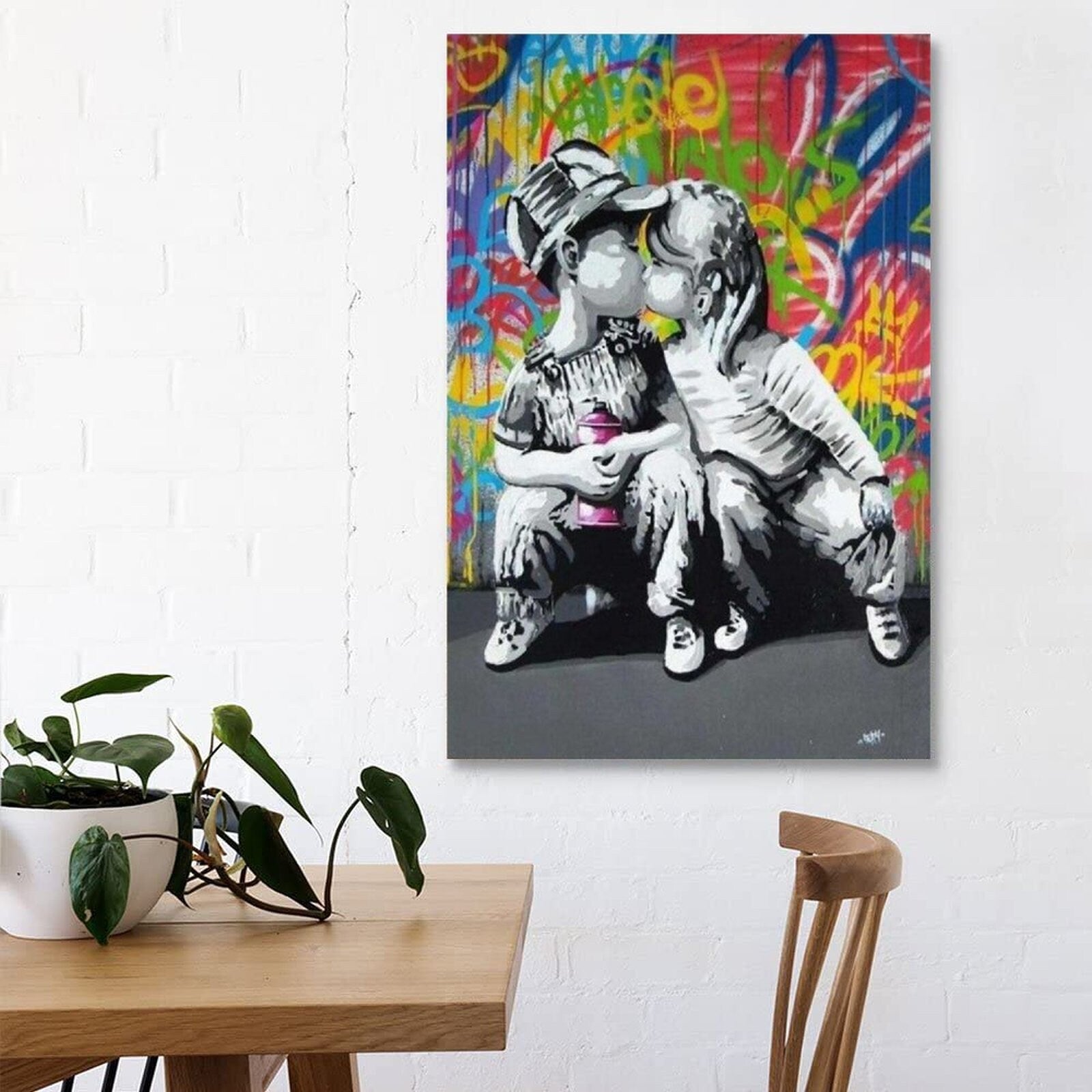 Kids Kissing Banksy Art Painting, Hand Painted Canvas Painting, Street Art, Banksy Graffiti Wall Art, Urban Graphiti Wall Art