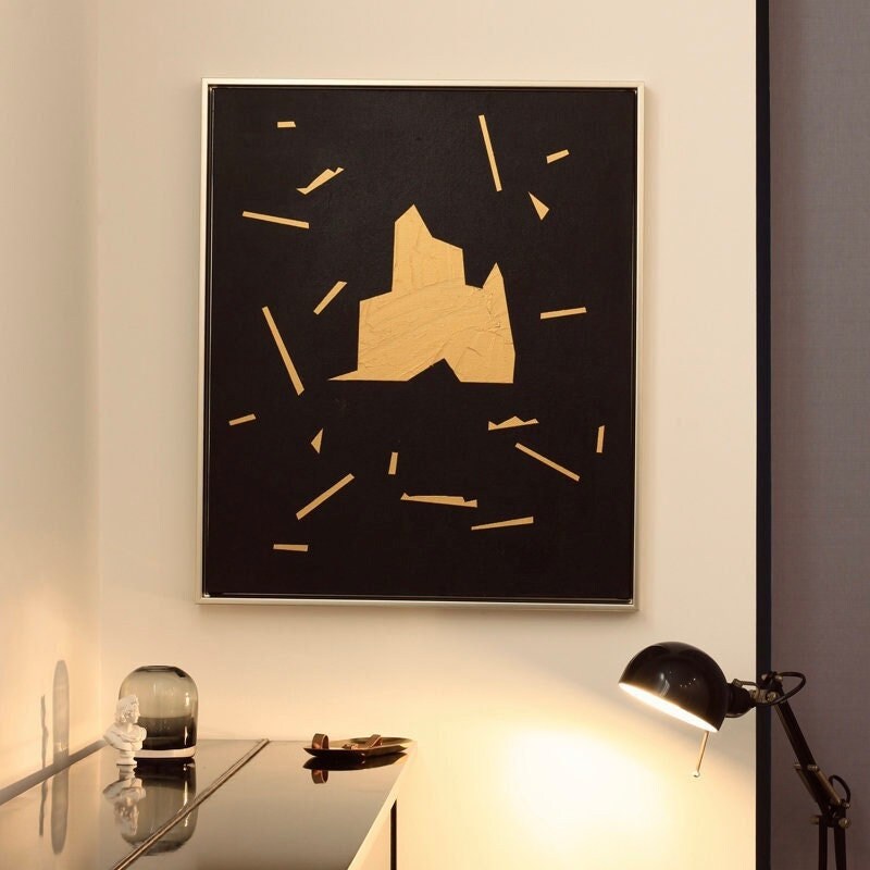 Black and Gold Framed Wall Art, Hand-Painted Abstract Canvas Painting, Original Art for Bedroom Living Room Office