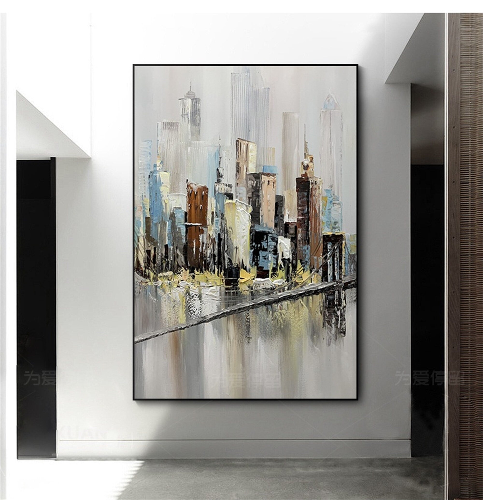 Brooklyn Bridge Original Canvas Wall Art, Abstract New York Cityscape Oil Painting, Manhattan Skyline Painting Bedroom
