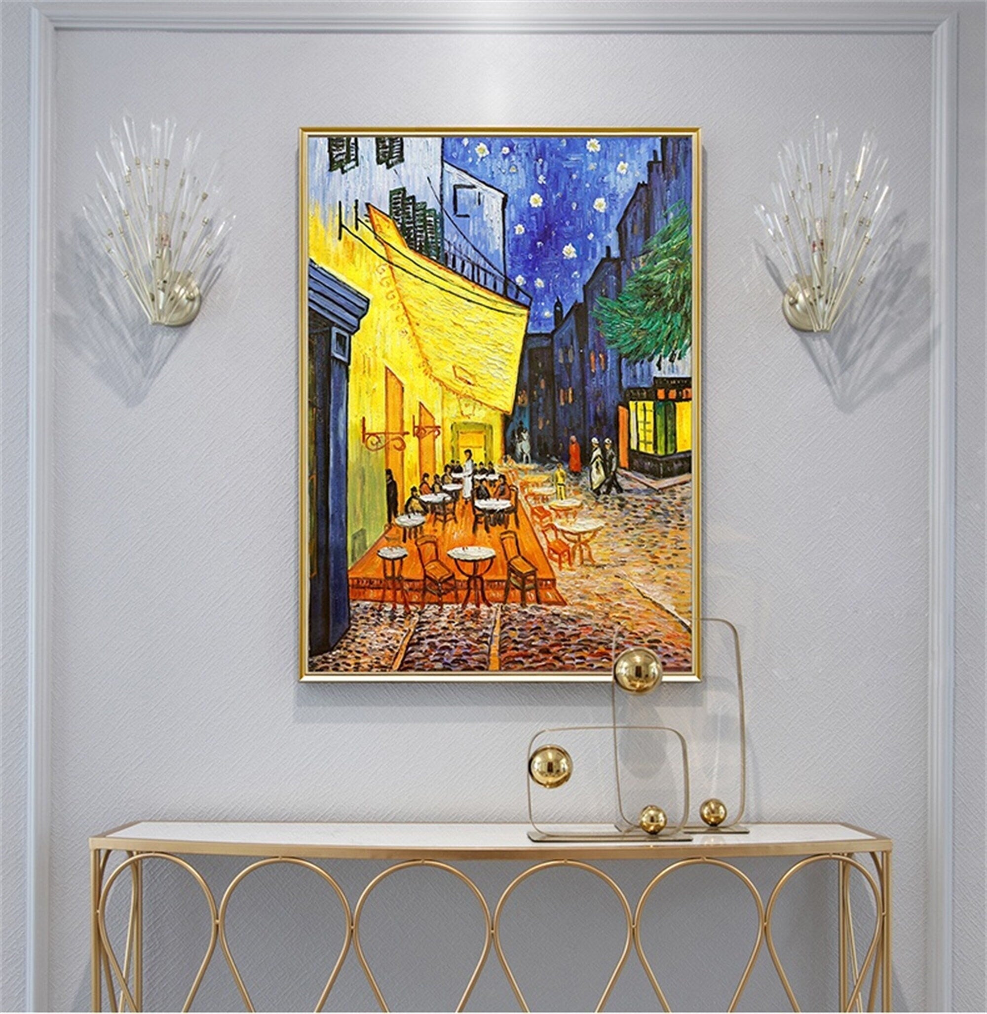 Abstract Canvas Wall Art, Van Gogh Cafe canvas painting, large white acrylic painting, primitive modern interior decoration