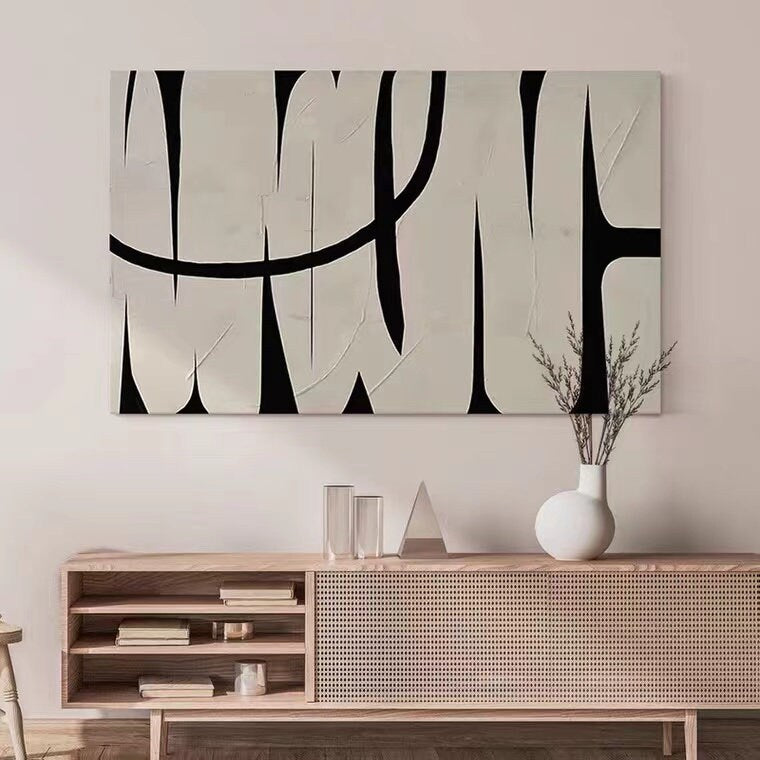 Black and White Abstract Wall Art, Framed Hand-Painted Abstract Canvas Painting, Original Art for Bedroom Living Room Office
