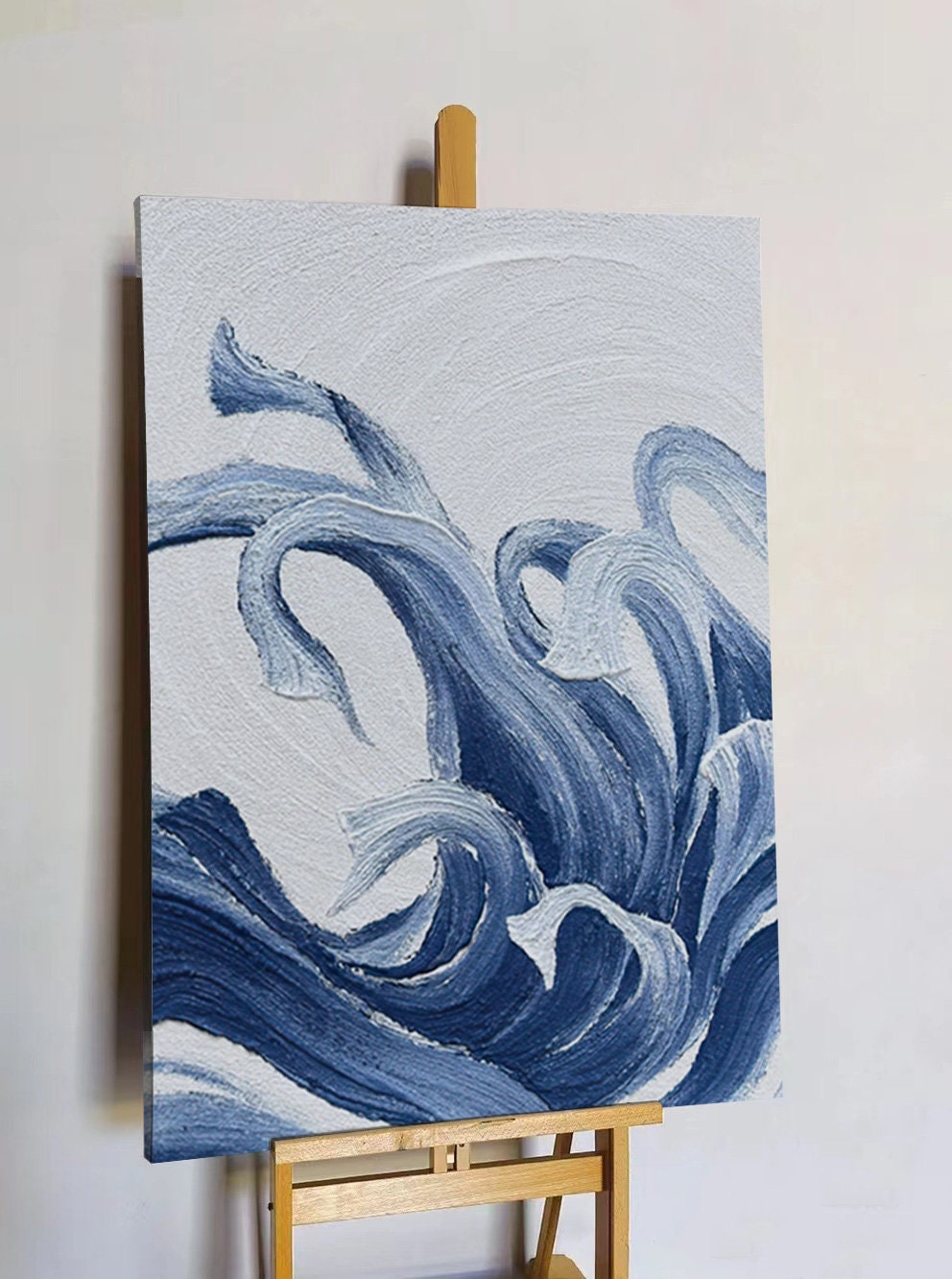 Textured Ocean Waves Wall Art, Blue Abstract Acrylic Art Painting on Canvas, Modern Oil Painting for Bedroom