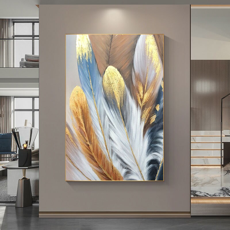 Large Abstract Feather Oil Painting on Canvas, Original Blue Gold Bird Feather Textured Acrylic Painting Boho Wall Art Living…