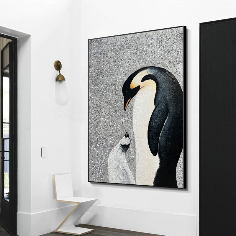 Abstract Penguin Oil painting on Canvas, Large Original Penguin Canvas Wall Art, Modern Animal Painting for Living Room, Art…