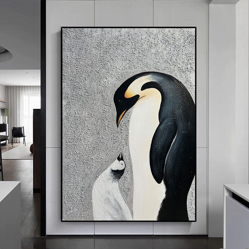 Abstract Penguin Oil painting on Canvas, Large Original Penguin Canvas Wall Art, Modern Animal Painting for Living Room, Art…