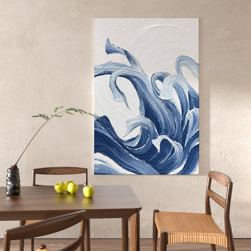 Textured Ocean Waves Wall Art, Blue Abstract Acrylic Art Painting on Canvas, Modern Oil Painting for Bedroom