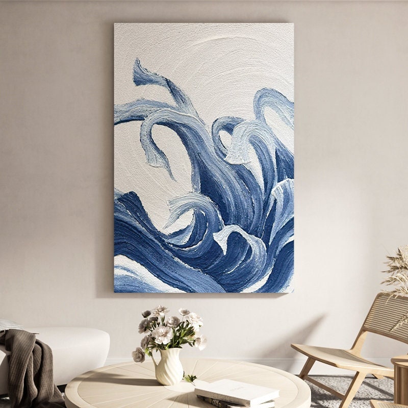 Textured Ocean Waves Wall Art, Blue Abstract Acrylic Art Painting on Canvas, Modern Oil Painting for Bedroom