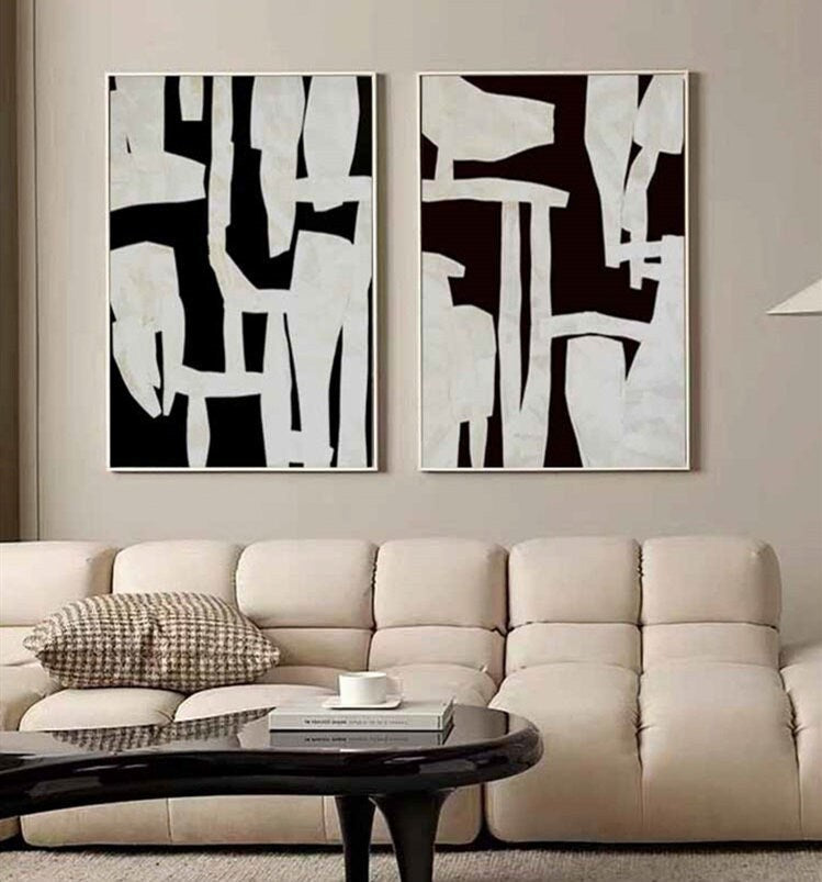 Black and White Abstract Wall Art, Framed Hand-Painted Abstract Canvas Painting, Original Art for Bedroom Living Room Office