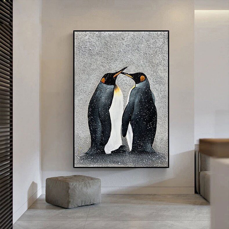 Abstract Penguin Oil painting on Canvas, Large Original Penguin Canvas Wall Art, Modern Animal Painting for Living Room, Art…