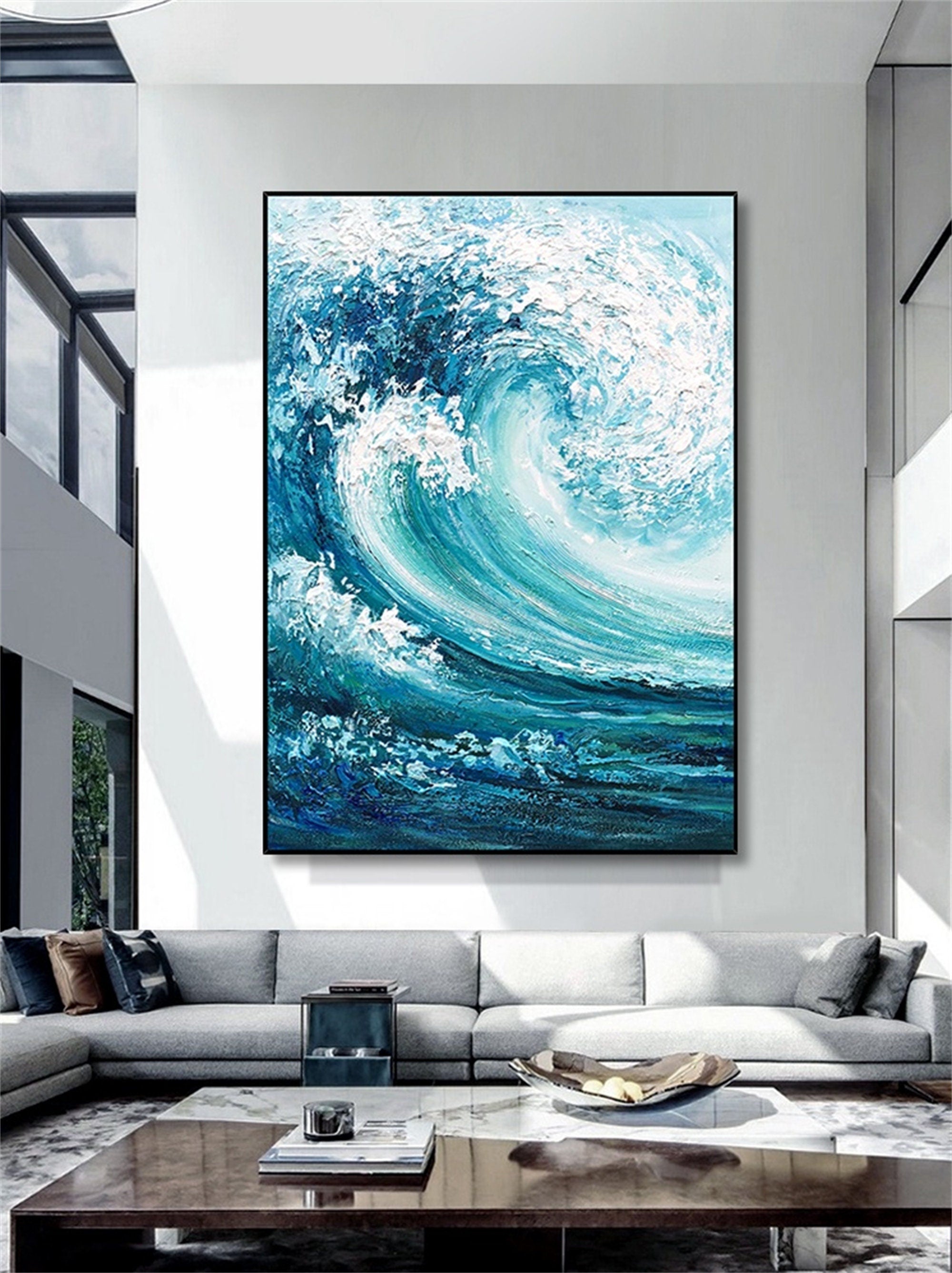 Textured Ocean Waves Wall Art, Extra Large Abstract Canvas Painting, Original Oil Painting on Canvas, Artwork for Bedroom