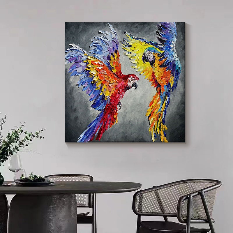 Parrot Oil Painting on Canvas, Original Parrot Artwork, Love Couple Art Bird Painting, Animal Wall Art for Bedroom