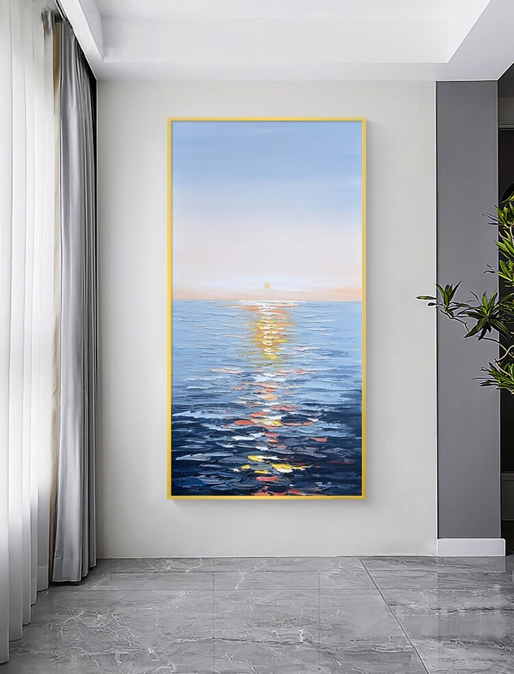 Sunrise Oil Painting on Canvas, Extra Large Sunrise Canvas Painting, Modern Abstract Acrylic Wall Art, Seascape Artwork for…