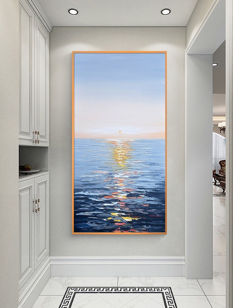 Sunrise Oil Painting on Canvas, Extra Large Sunrise Canvas Painting, Modern Abstract Acrylic Wall Art, Seascape Artwork for…