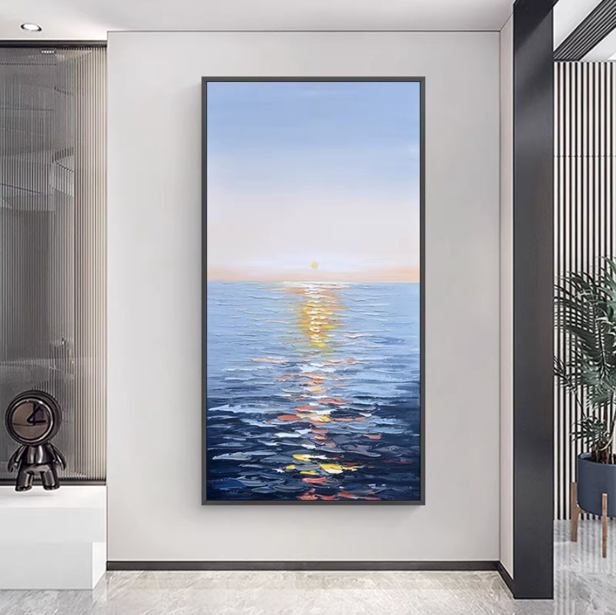 Sunrise Oil Painting on Canvas, Extra Large Sunrise Canvas Painting, Modern Abstract Acrylic Wall Art, Seascape Artwork for…