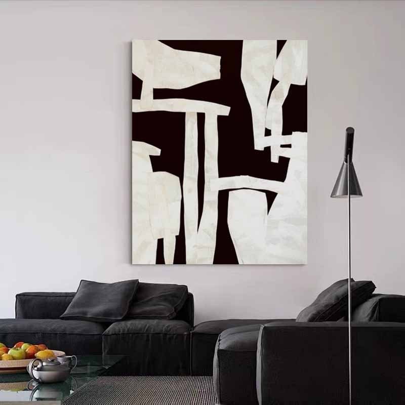 Black and White Abstract Wall Art, Framed Hand-Painted Abstract Canvas Painting, Original Art for Bedroom Living Room Office