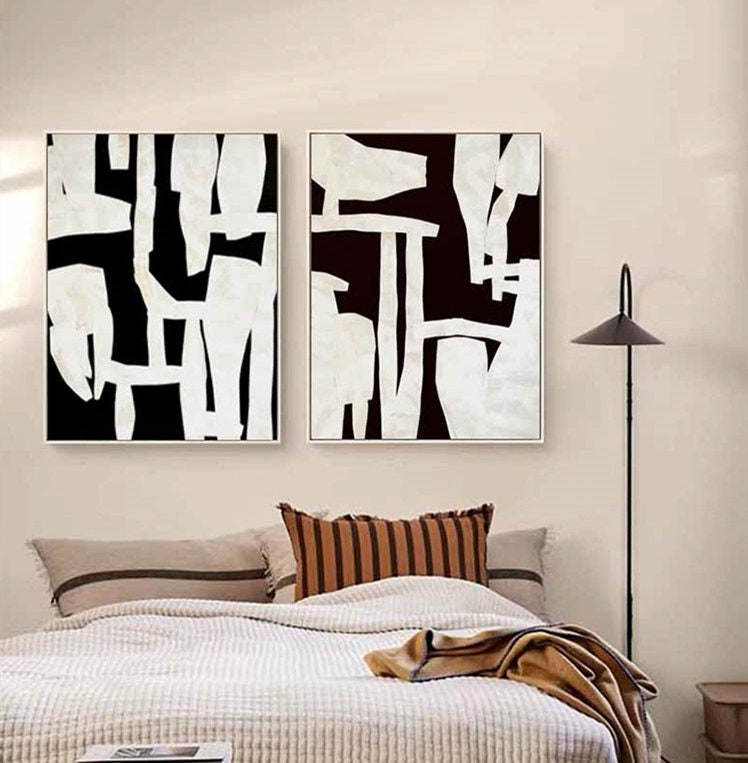 Black and White Abstract Wall Art, Framed Hand-Painted Abstract Canvas Painting, Original Art for Bedroom Living Room Office