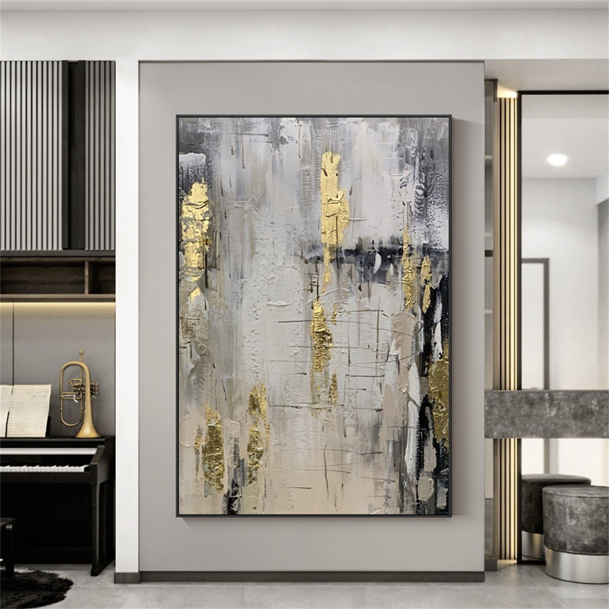 Large coarse texture black and white gold foil abstract oil painting on the canvas, primitive minimalist canvas wall art