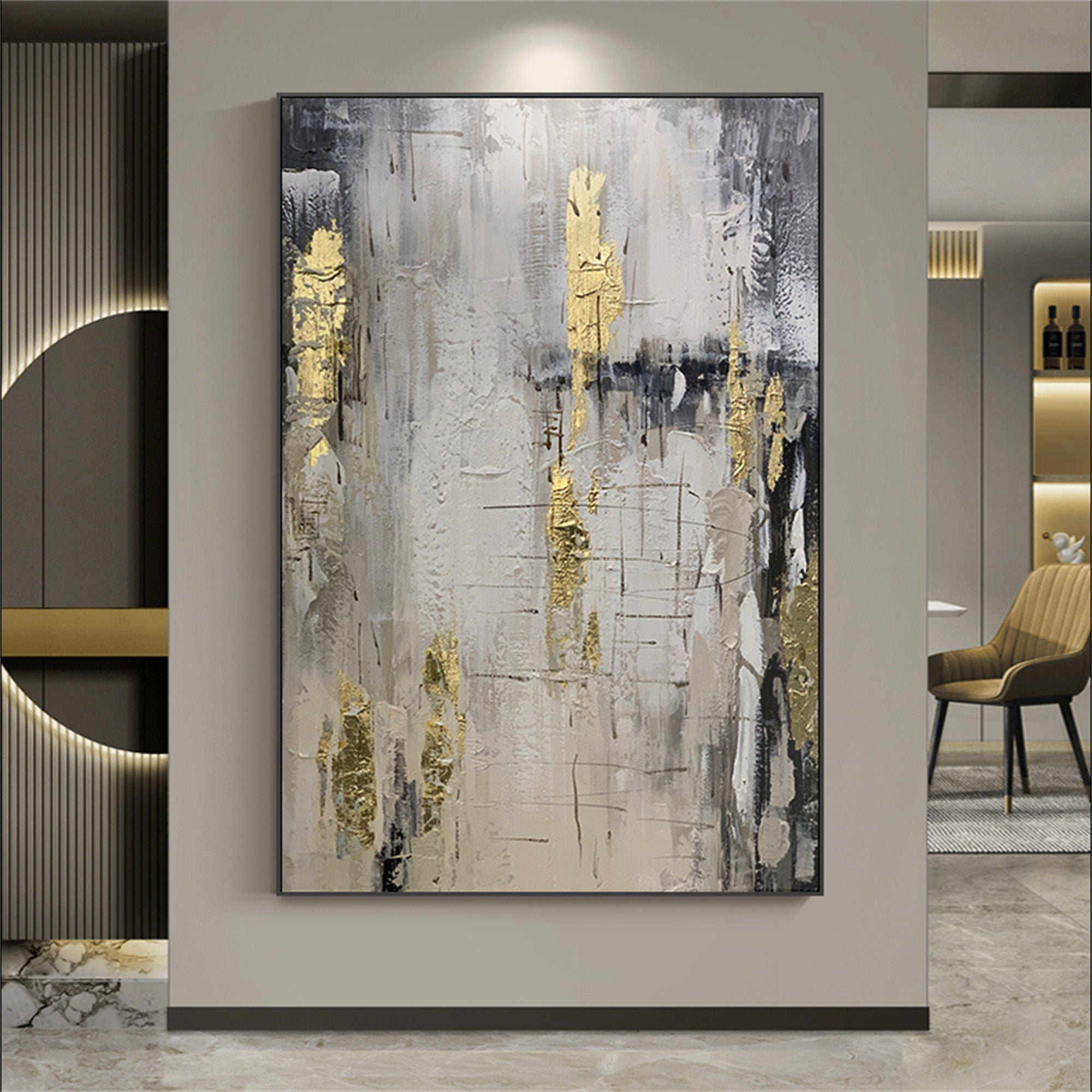 Large coarse texture black and white gold foil abstract oil painting on the canvas, primitive minimalist canvas wall art
