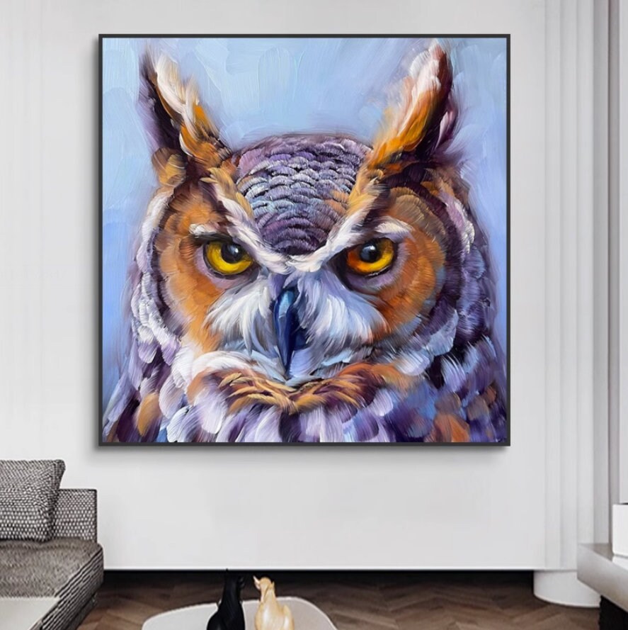 Owl Oil Painting on Canvas, Original Owl Artwork, Owl Art Bird Painting, Animal Wall Art for Bedroom
