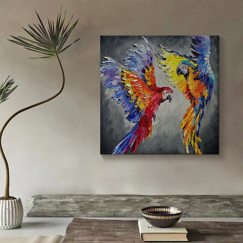 Parrot Oil Painting on Canvas, Original Parrot Artwork, Love Couple Art Bird Painting, Animal Wall Art for Bedroom