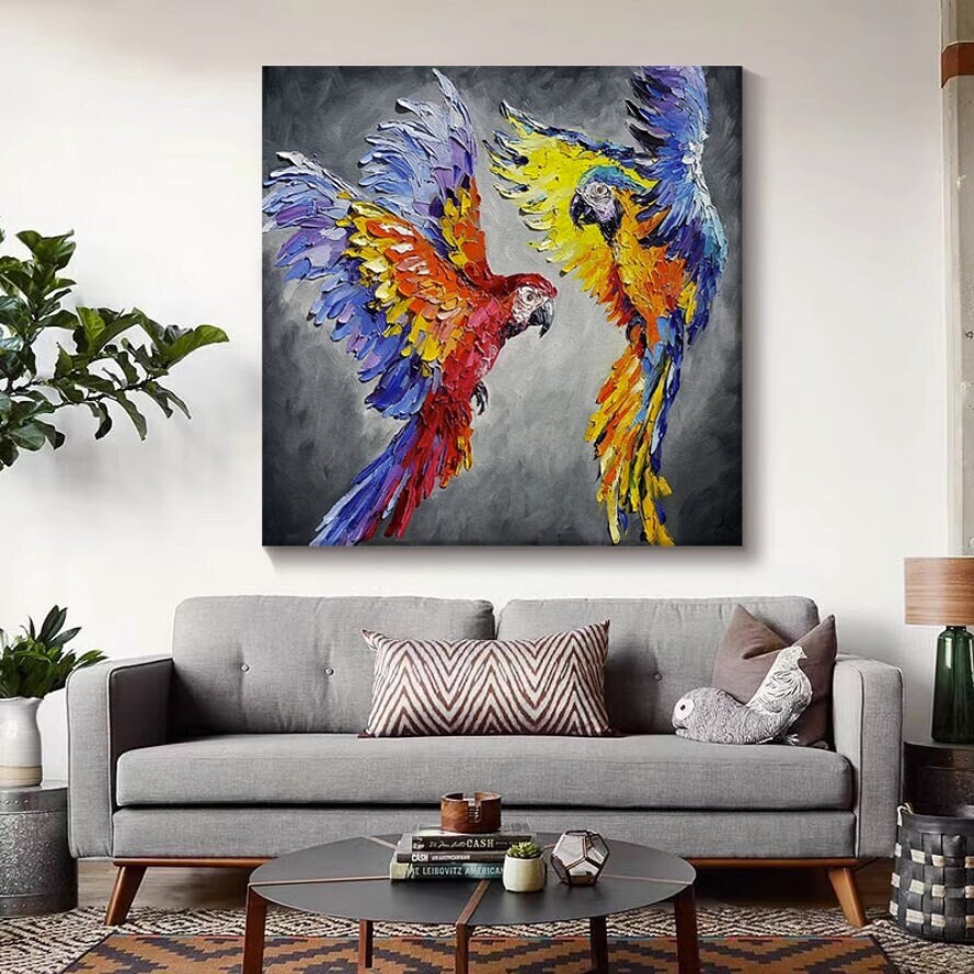 Parrot Oil Painting on Canvas, Original Parrot Artwork, Love Couple Art Bird Painting, Animal Wall Art for Bedroom