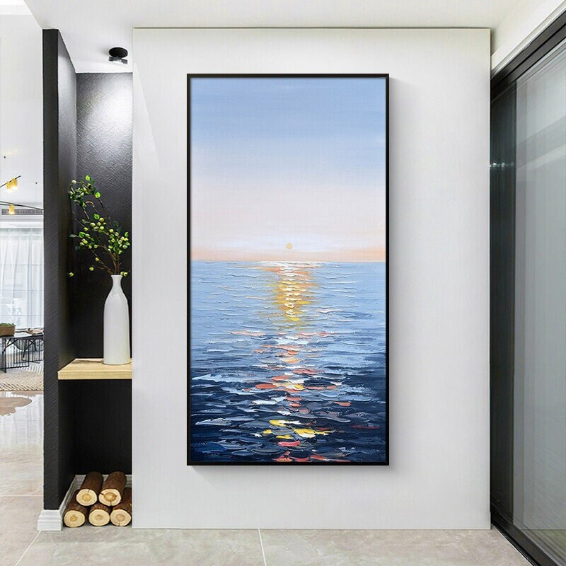 Sunrise Oil Painting on Canvas, Extra Large Sunrise Canvas Painting, Modern Abstract Acrylic Wall Art, Seascape Artwork for…