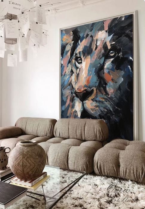 Original Lion Oil Painting on Canvas, Large Abstract Animal Canvas Wall Art, Modern Impressionist Lion Artwork for Living…