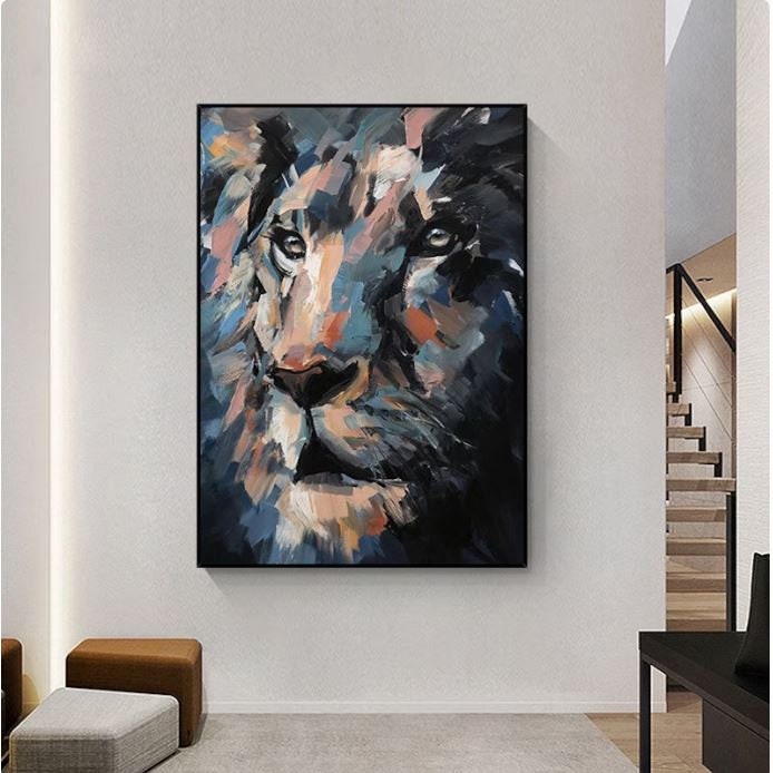 Original Lion Oil Painting on Canvas, Large Abstract Animal Canvas Wall Art, Modern Impressionist Lion Artwork for Living…