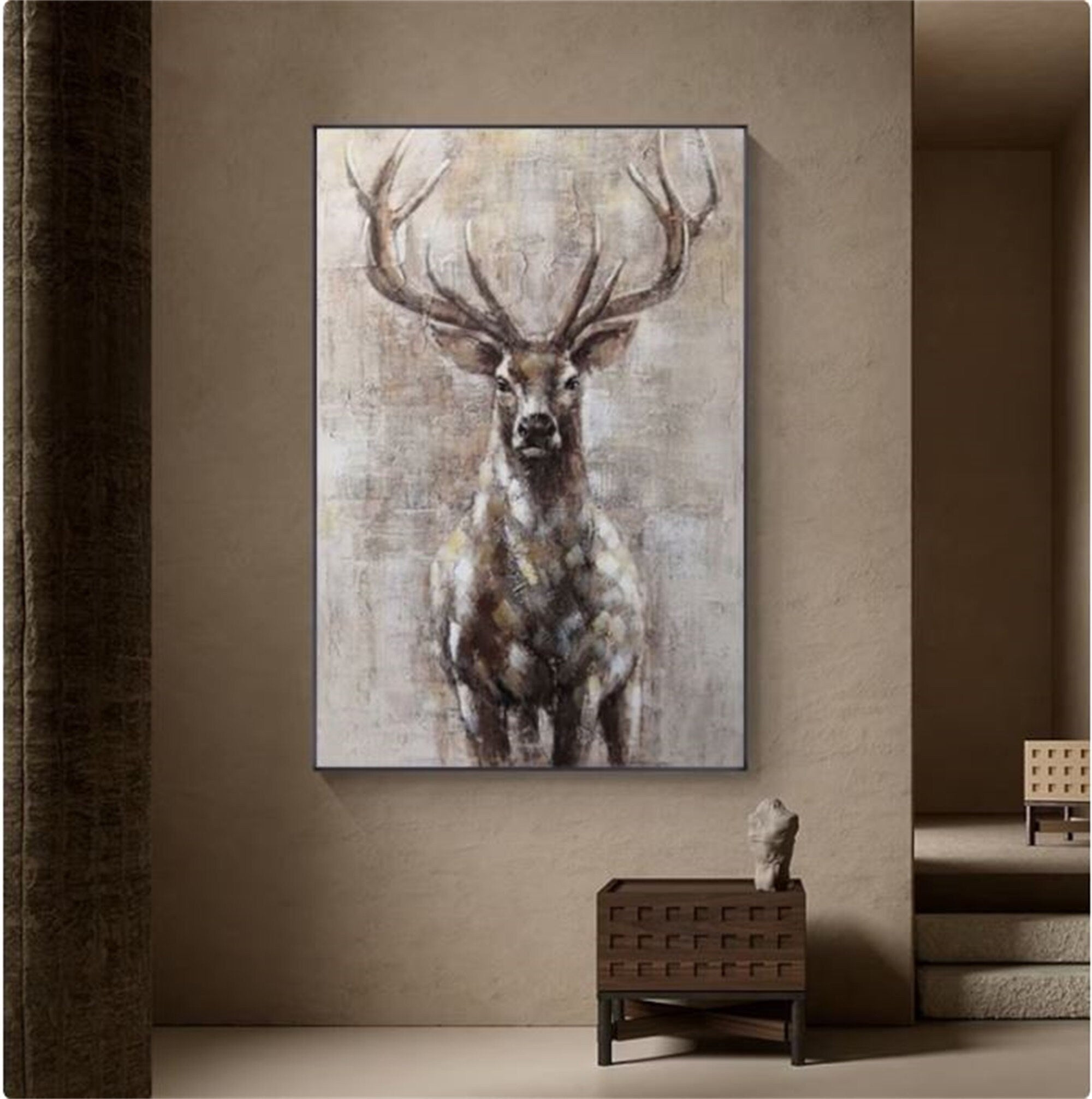 Large Abstract Deer Oil Painting on Canvas, Original and Hand-painted Stag Canvas Wall Art, Modern Animal Painting for Living…