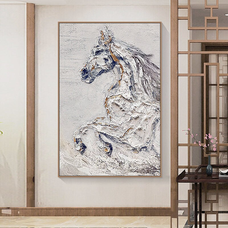 Hand-Painted Original Horse Oil Painting, Black and White Horse Canvas Art, Large Animal Painting on Canvas, Modern Horse…