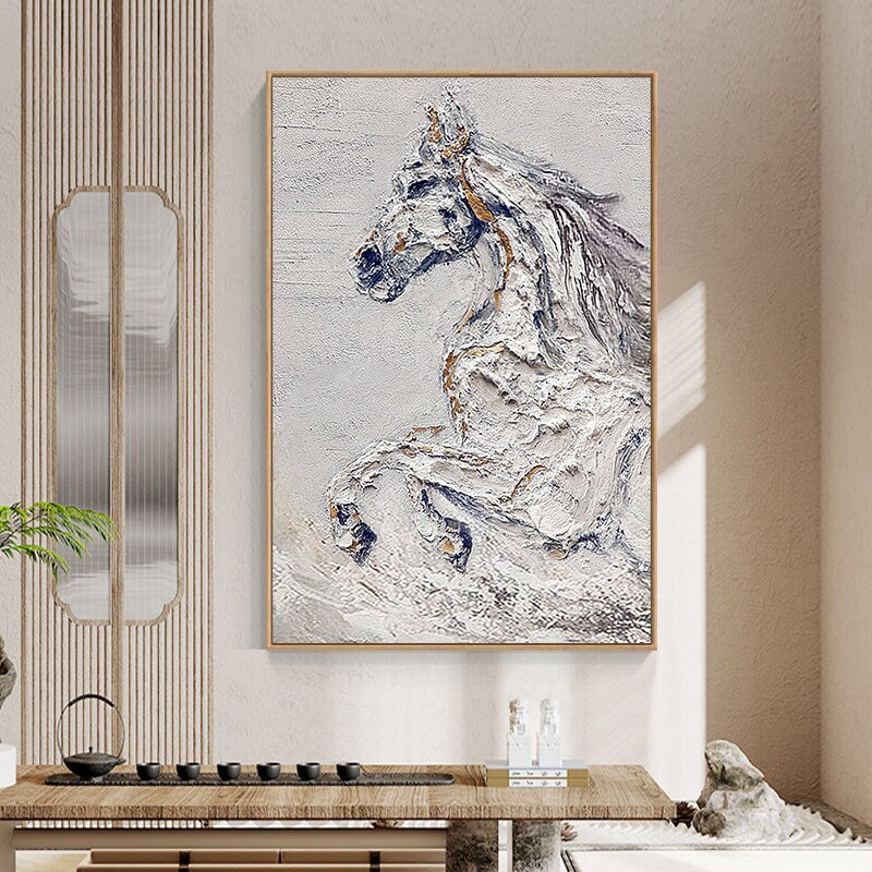 Hand-Painted Original Horse Oil Painting, Black and White Horse Canvas Art, Large Animal Painting on Canvas, Modern Horse…