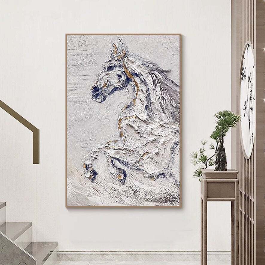 Hand-Painted Original Horse Oil Painting, Black and White Horse Canvas Art, Large Animal Painting on Canvas, Modern Horse…