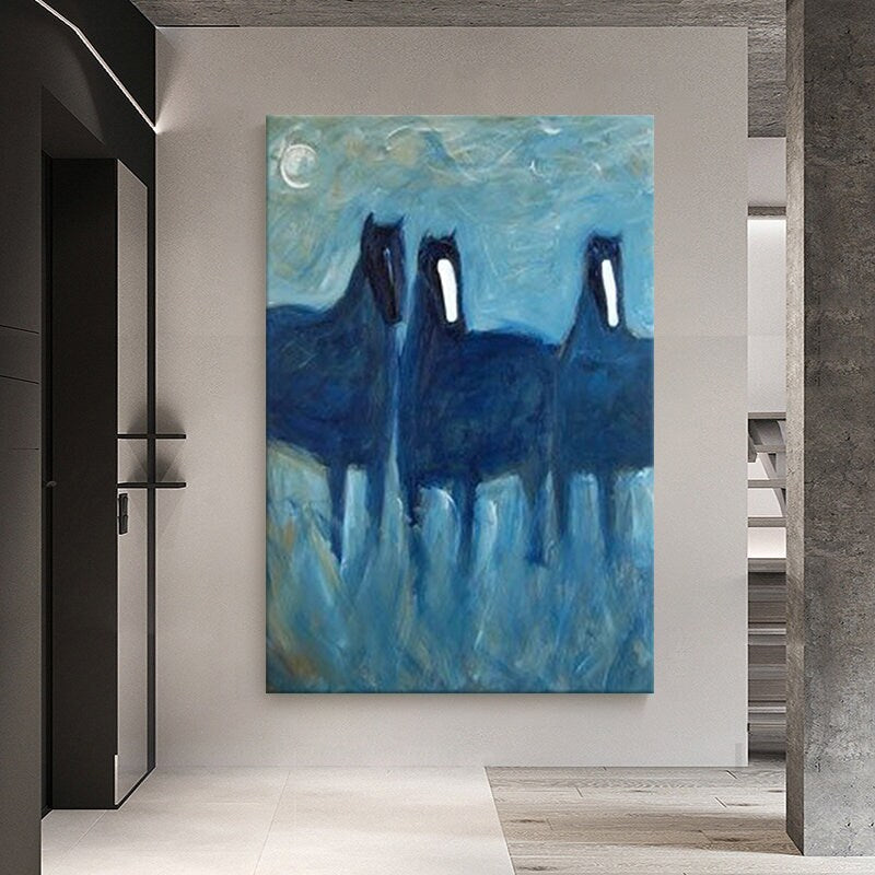 Abstract Horses Oil Painting on Canvas, Large Original Horses Canvas Wall Art, Modern Animal Painting for Living Room,…
