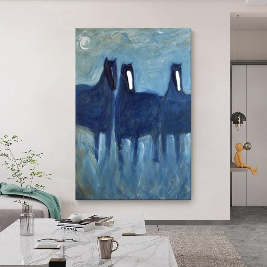 Abstract Horses Oil Painting on Canvas, Large Original Horses Canvas Wall Art, Modern Animal Painting for Living Room,…