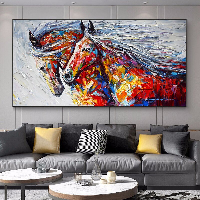 Textured Horses Oil painting on Canvas, Original Horses Canvas Wall Art, Modern Animal Painting for Living Room, Art for…