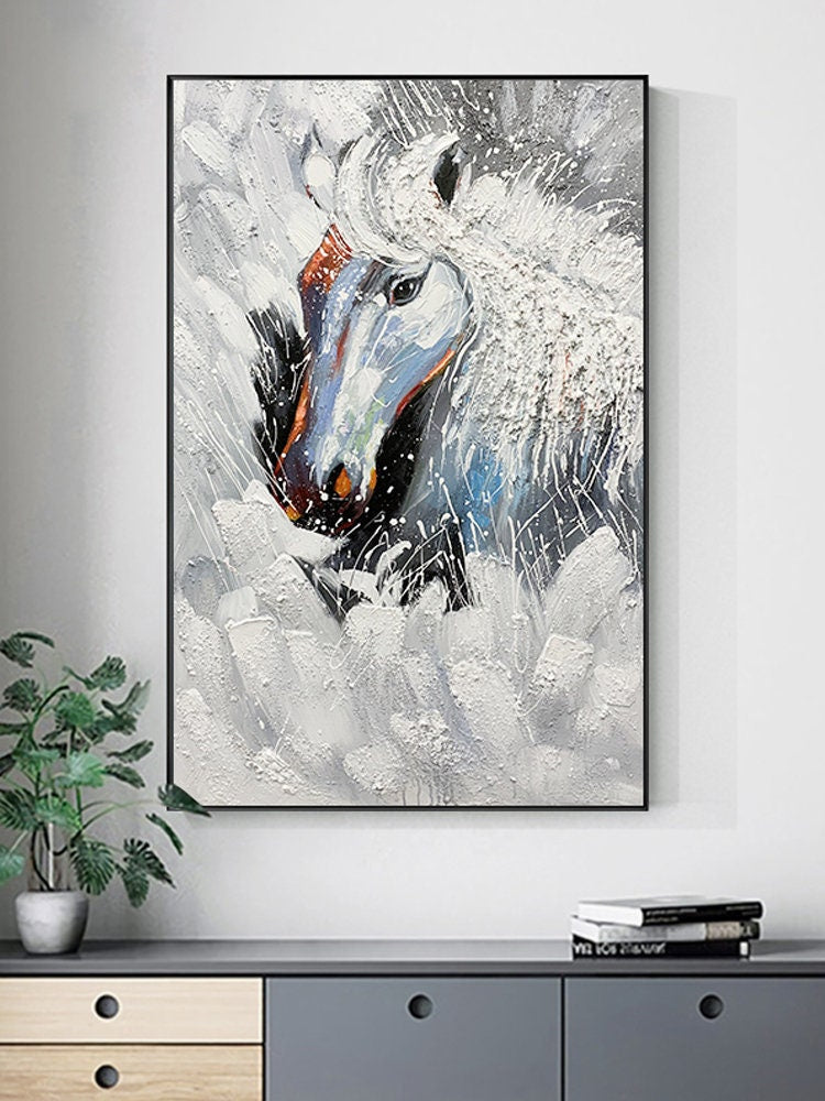 Textured Horse Oil Painting, Original Black and White Horse Canvas Art, Large Animal Painting on Canvas, Modern Horse Wall…