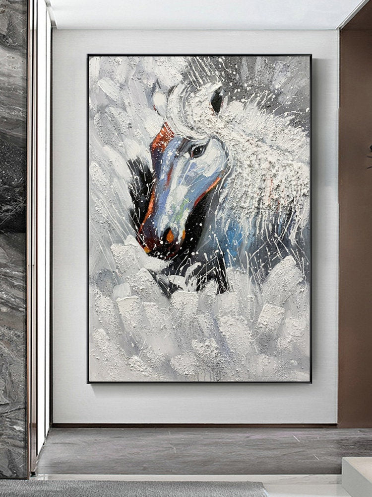 Textured Horse Oil Painting, Original Black and White Horse Canvas Art, Large Animal Painting on Canvas, Modern Horse Wall…
