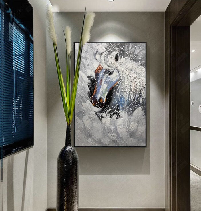 Textured Horse Oil Painting, Original Black and White Horse Canvas Art, Large Animal Painting on Canvas, Modern Horse Wall…
