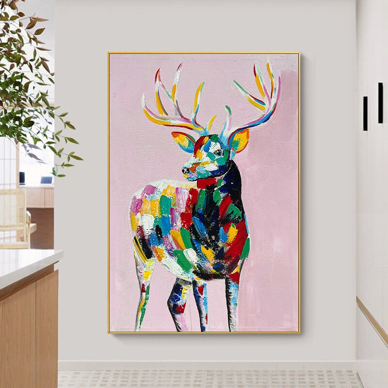 Large Abstract Deer Oil Painting on Canvas, Original and Hand-painted Stag Canvas Wall Art, Modern Animal Painting for Living…
