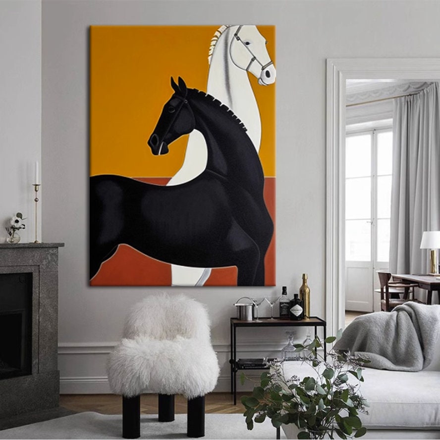 Abstract Black and White Horse Oil Painting on Canvas, Large Original Horses Canvas Wall Art, Modern Animal Wall Art for…