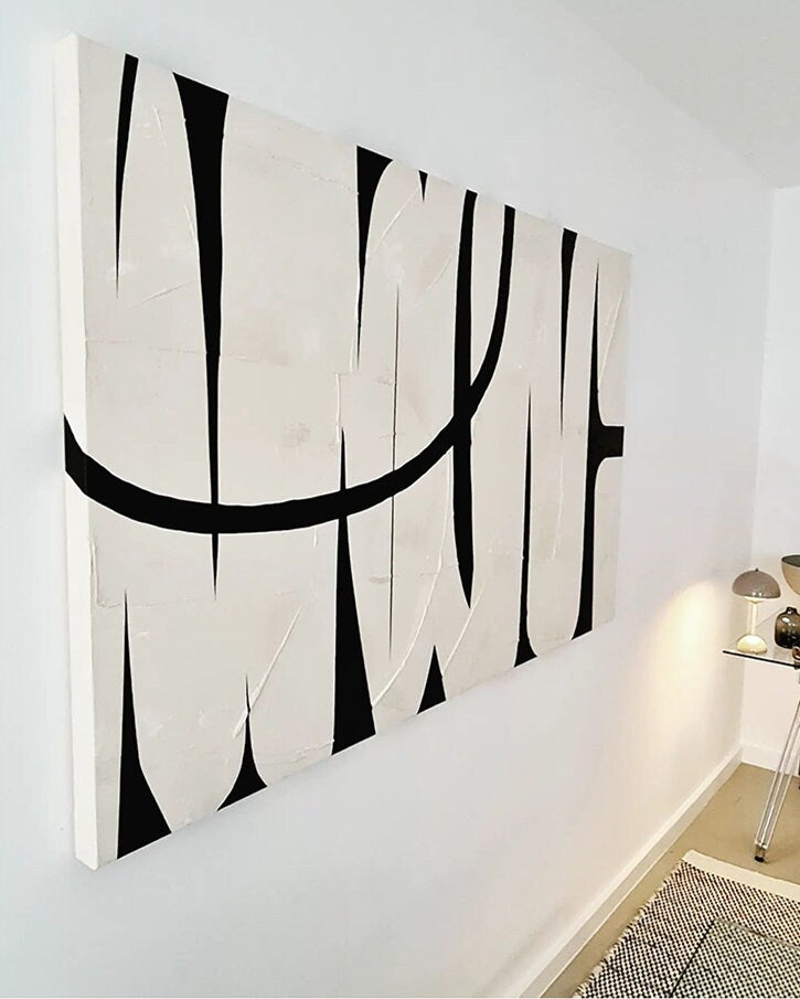 Black and White Abstract Wall Art, Framed Hand-Painted Abstract Canvas Painting, Original Art for Bedroom Living Room Office