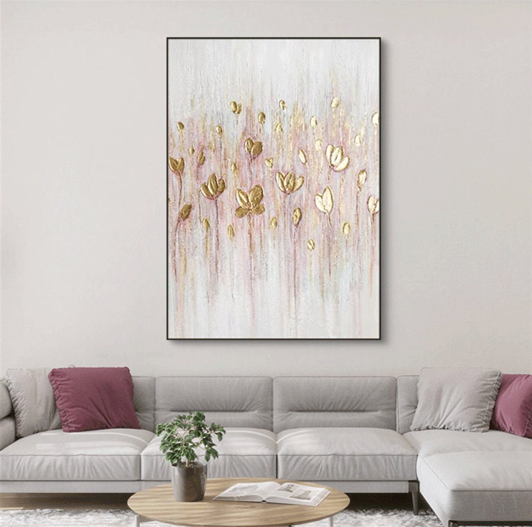 Gold Flower Wall Art, Textured Floral Painting on Canvas, Original Abstract Flower Acrylic Painting