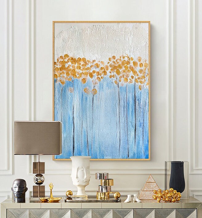 Textured Flower Wall Art, Original Floral Painting on Canvas, Abstract Blue and Gold Flower Acrylic Painting, Modern Abstract…