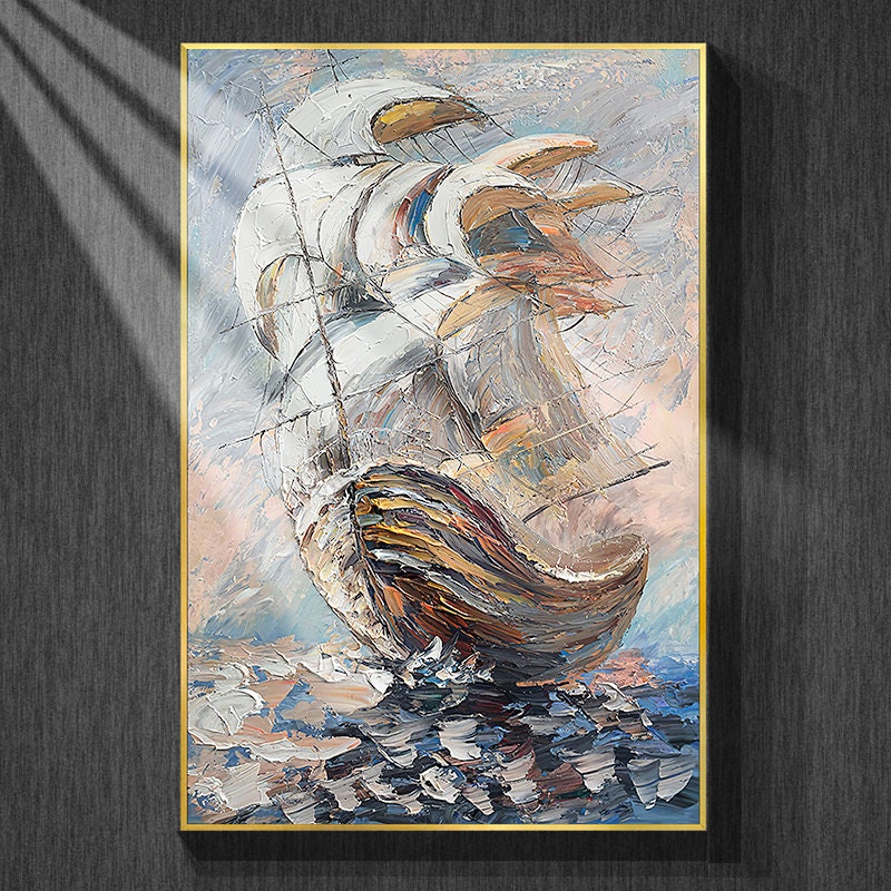 Sailing Boat Canvas Wall Art, Nautical Ship Painting on Canvas, Hand Painted Abstract Canvas Painting, Textured Sailboat…