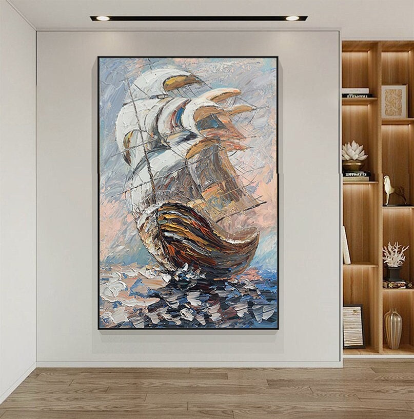 Sailing Boat Canvas Wall Art, Nautical Ship Painting on Canvas, Hand Painted Abstract Canvas Painting, Textured Sailboat…