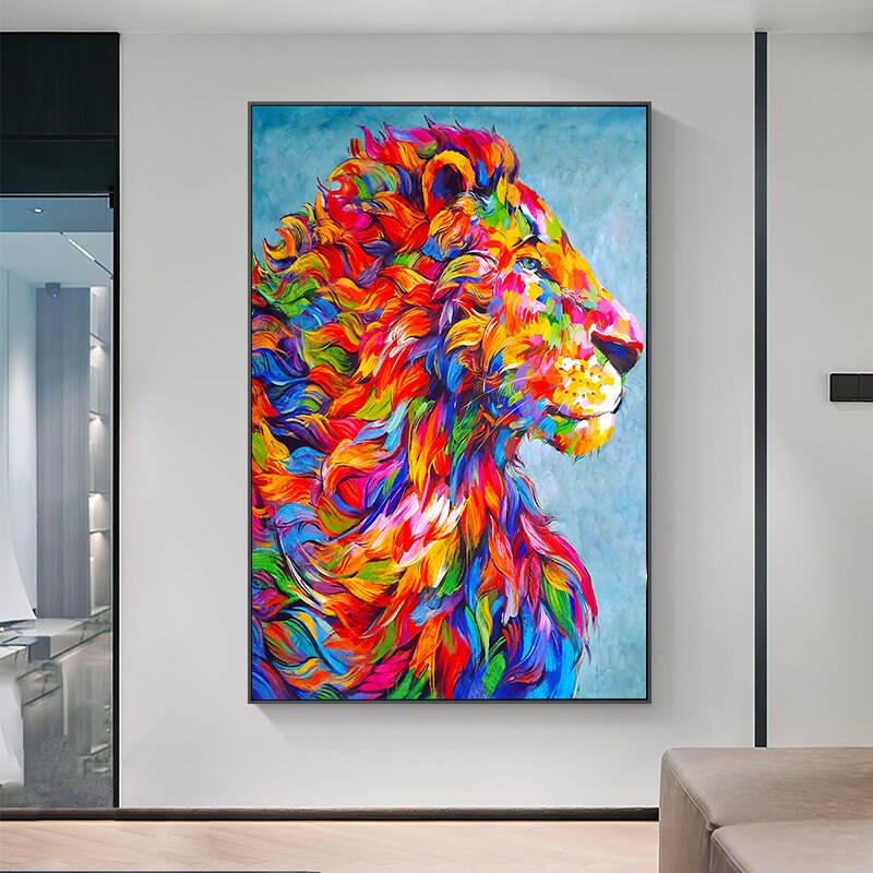 Abstract Lion Oil Painting on Canvas, Original Lion Canvas Wall Art, Modern Hand-painted Animal Wall Art for Living Room…